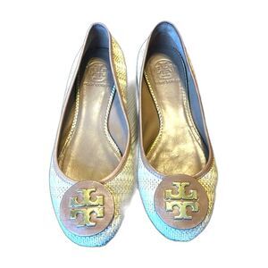 TORY BURCH Reva Ballet Flats Shoes Natural Woven Raffia Straw Beige size 8.5 M